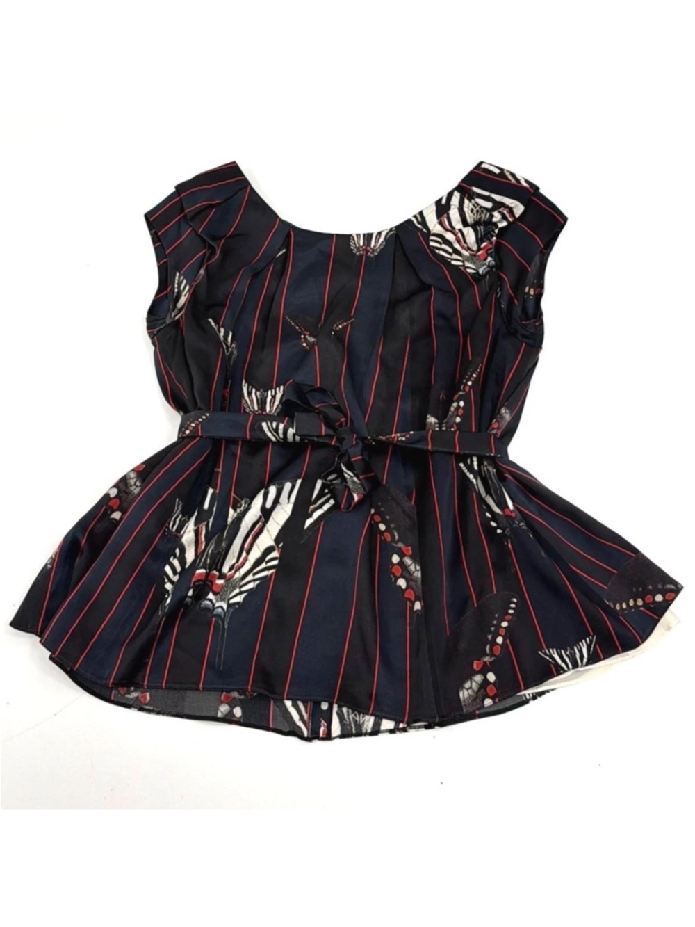 Vintage ERDEM Navy Black Red Stripes Peplum Top Butterflies 100%Silk US 6 EUC - Picture 3 of 16